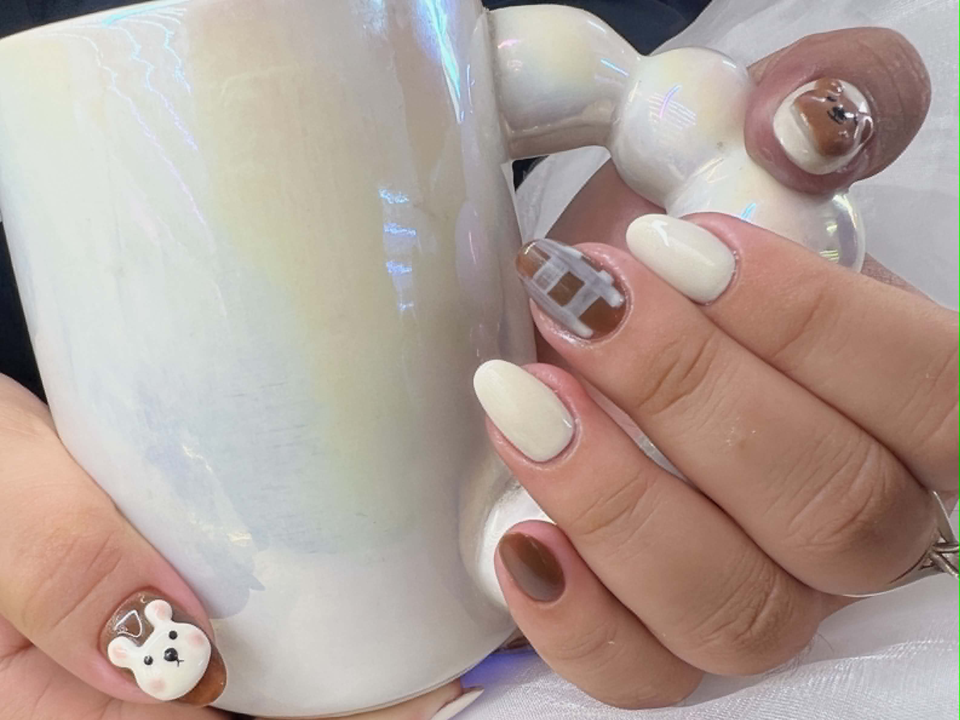 Cream nails with 3D bear charm — Caitlyn Nails